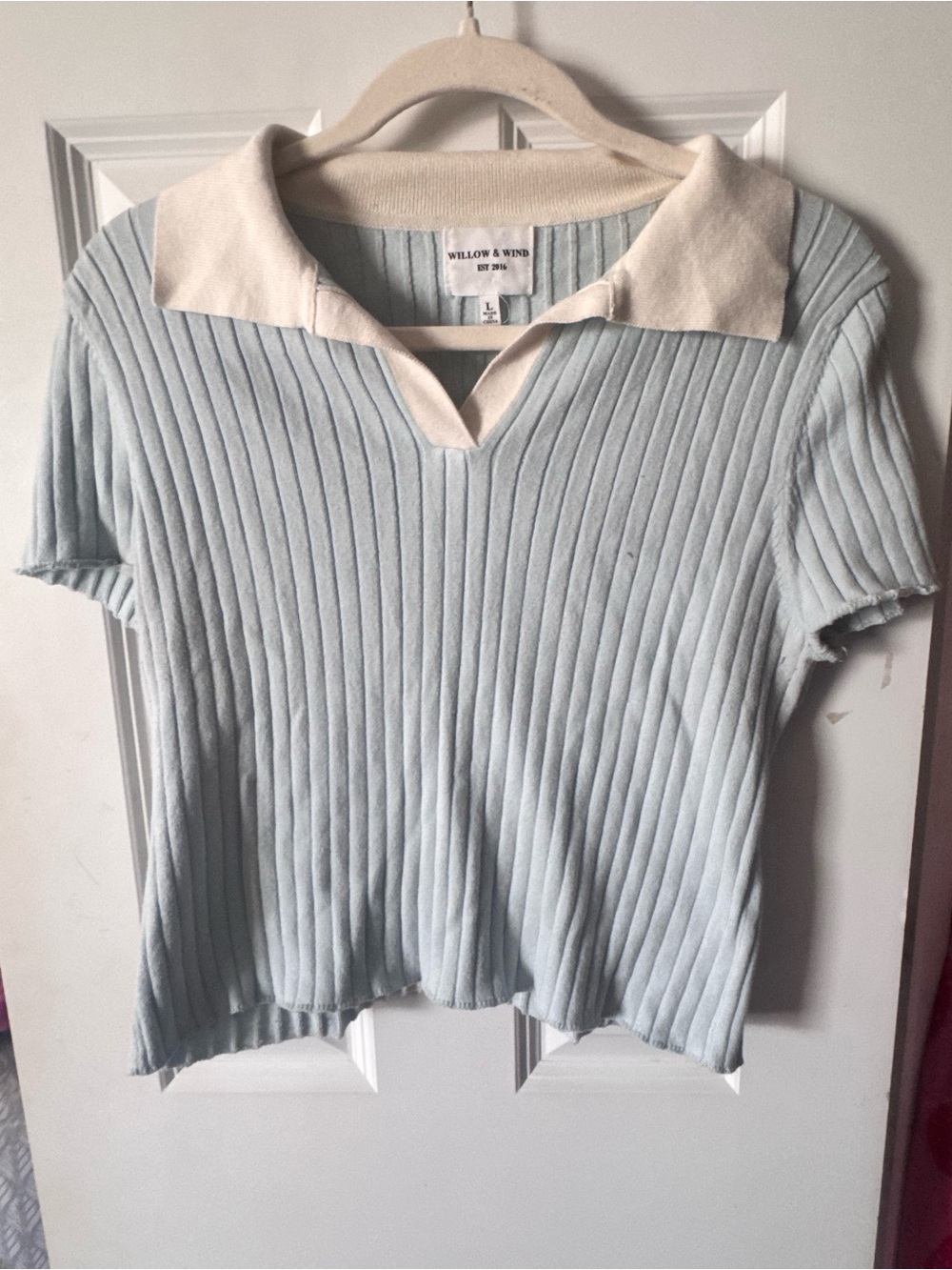 Willow & Wind Light Blue Ribbed Polo Top with Cream Collar
